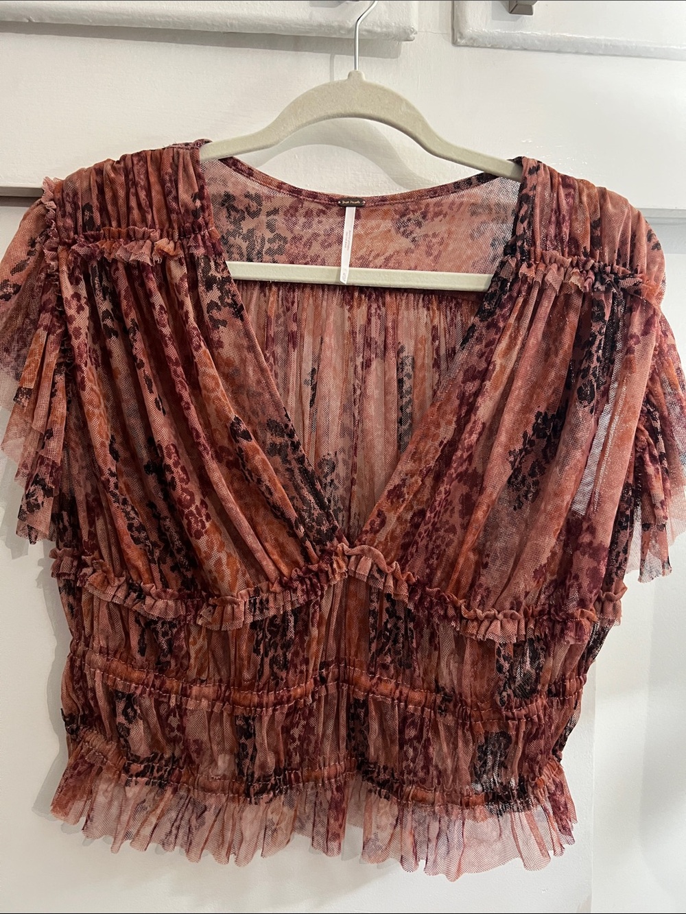 FreePeople crop Rust Floral Sheer V-Neck Peplum Top